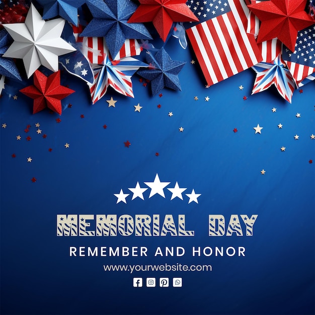 Memorial Day concept several red white and blue American flag stars decoration on blue background