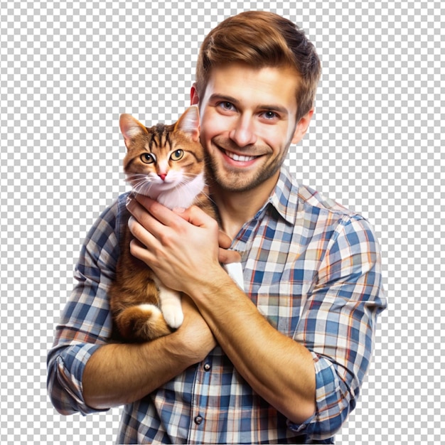 A men hold cat on trasnsparant background