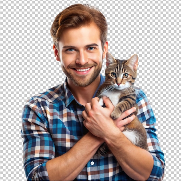 PSD a men hold cat on trasnsparant background