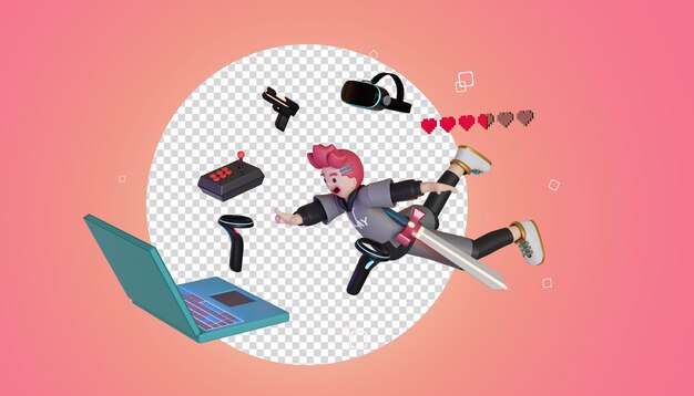 Men is floating in the sky with his gaming gear ready to enter the metaverse world