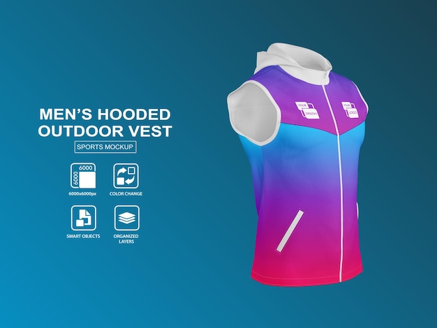 MEN'S HOODED OUTDOOR VEST SPORTS MOCKUP HALF FRONT VIEW