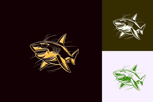 PSD menacing shark animal mascot logo with surfboard and sunglas cute abstract vector designs