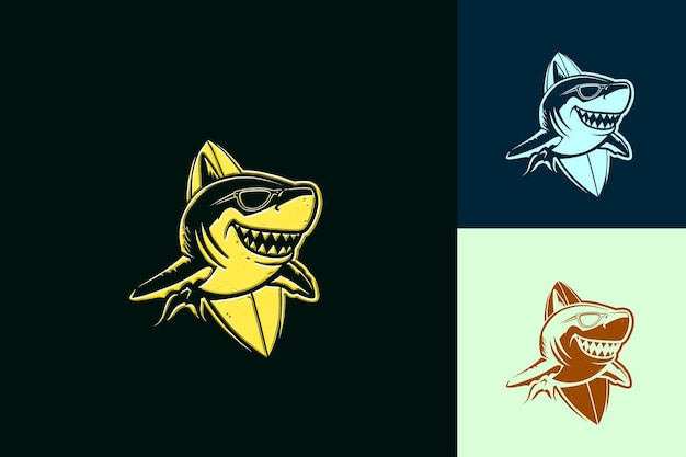 PSD menacing shark animal mascot logo with surfboard and sunglas cute abstract vector designs