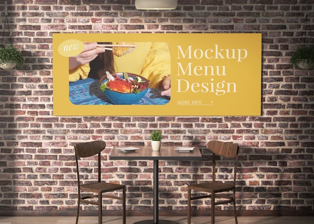 Menu mock-up design hanging on restaurant brick wall