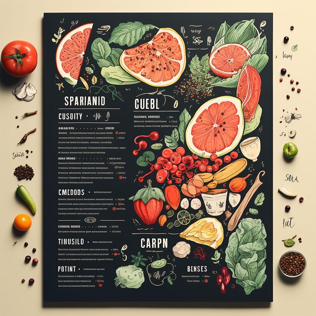 a menu for a restaurant called food is shown with fruits and vegetables