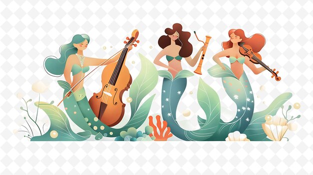 Mermaid Characters Playing Musical Instruments Design Is Ele Flat Illustration Festival Theme Art