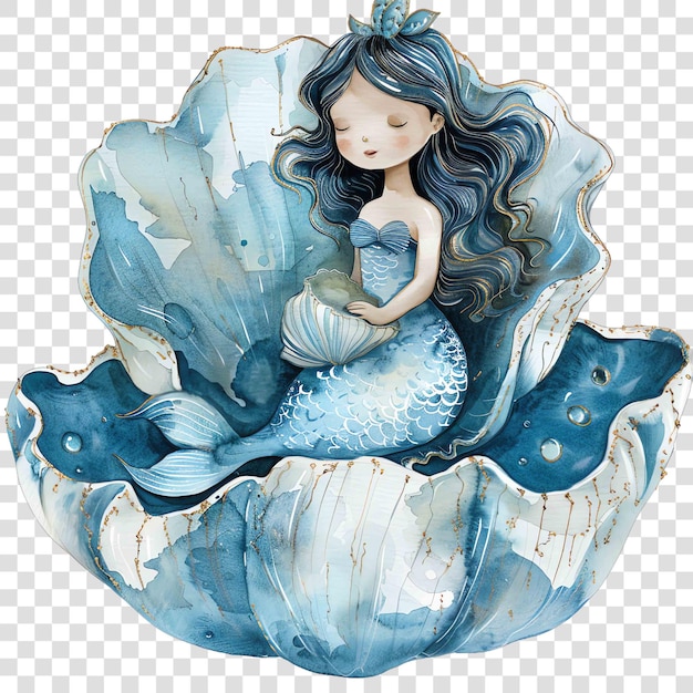 PSD mermaid sitting in a giant clam in dusty blue watercolor nurseryon transparent background