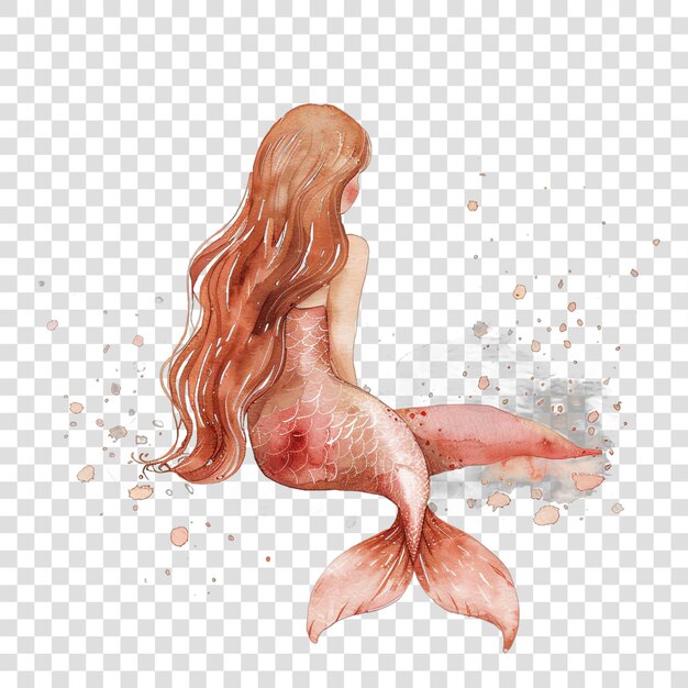 PSD mermaid in sitting position in dusty pink watercolor nurseryon transparent background