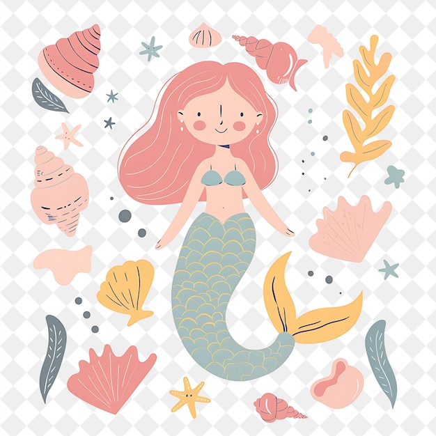 PSD a mermaid with pink hair is surrounded by other things