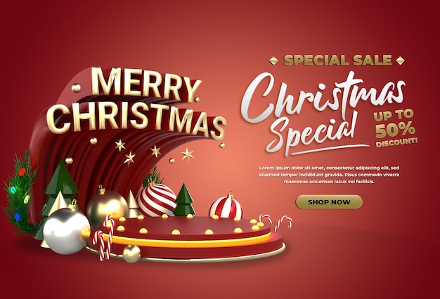 Merry Christmas banner social media template for product advertisement and promotion realistic 3d