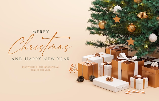 Merry Christmas banner template with gold and white gifts under the tree on a cream background