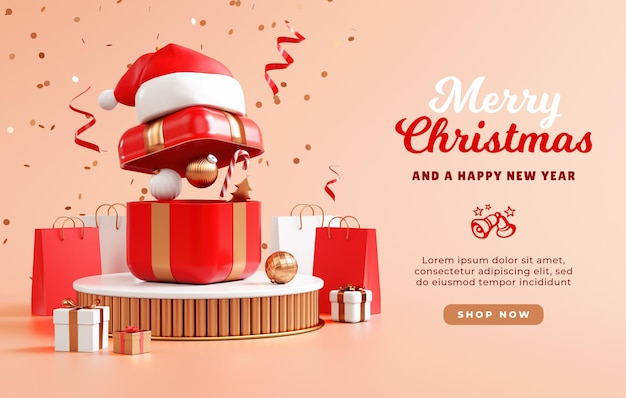 Merry Christmas banner template with red gift Santa hat and gold ornaments on a cream background