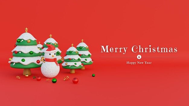 Merry Christmas Banner With Snowman Santa Hat and Christmas Trees