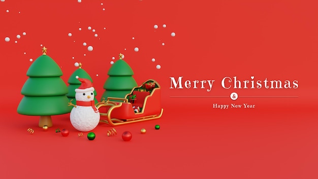 Merry Christmas Banner With Snowman santa Hat and Santa Claus carriage filled with gifts and snowfall on trees