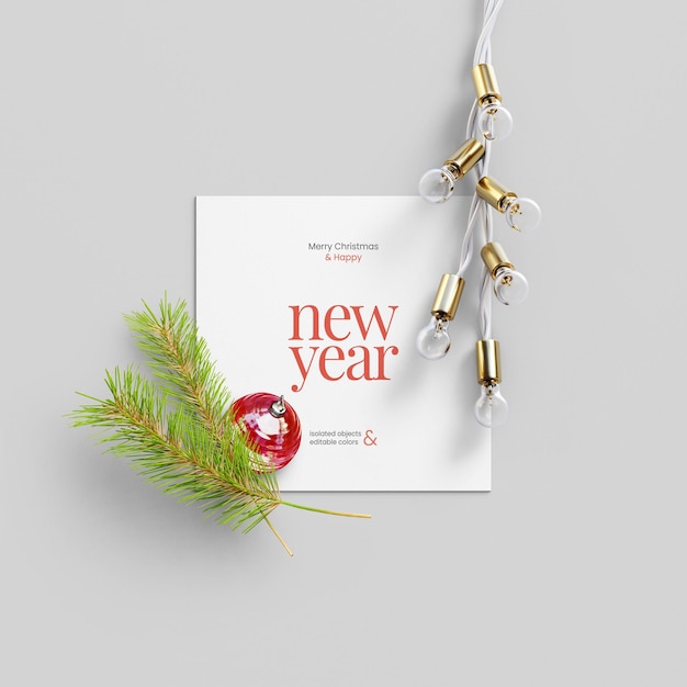 Merry Christmas card mockup template crafted with pine leaves light bulbs