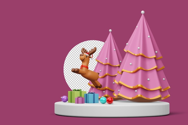 Merry christmas Christmas tree with reindeer 3d rendering