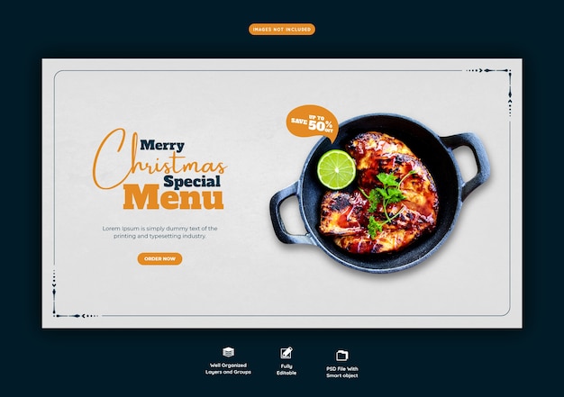 Merry christmas food menu and restaurant web banner template