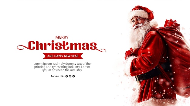 Merry Christmas greeting banner with santa claus holding a gift box