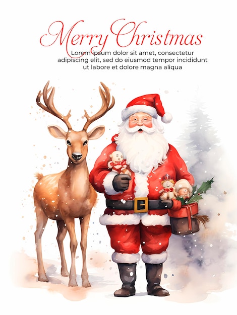 Merry Christmas greeting card design with santa and reindeer