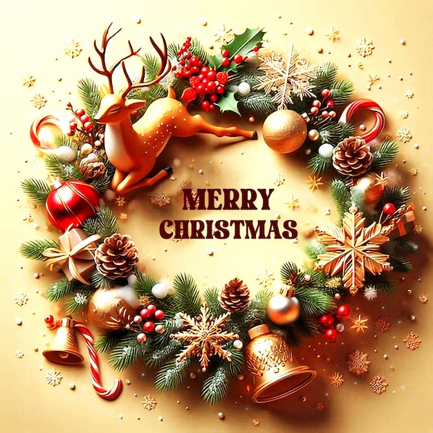 Merry Christmas greeting card lettering design with xmas elements background