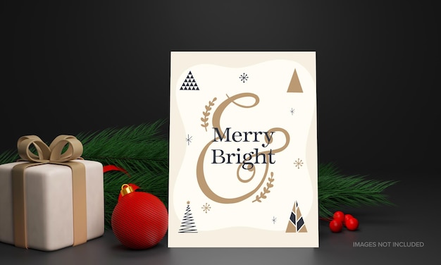 Merry Christmas Greeting Card With 3D Gift Box Bauble Berry And Fir Leaves On Black Background