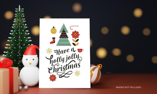 Merry Christmas Greeting Card With 3D Snowman Gift Box Bauble And Spruce Tree On Bokeh Blur Background