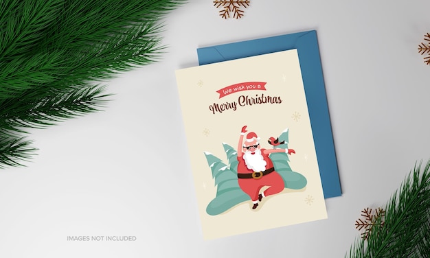 Merry Christmas Greeting Card With Rock Santa Claus Xmas Trees And Fir Leaves On Gray Background