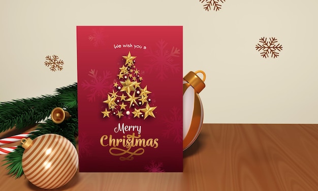 Merry Christmas Greeting Card With Xmas Tree Made By 3D Golden Stars Baubles Jingle Bell Candy Cane Fir Leaves Snowflakes On Brown Background