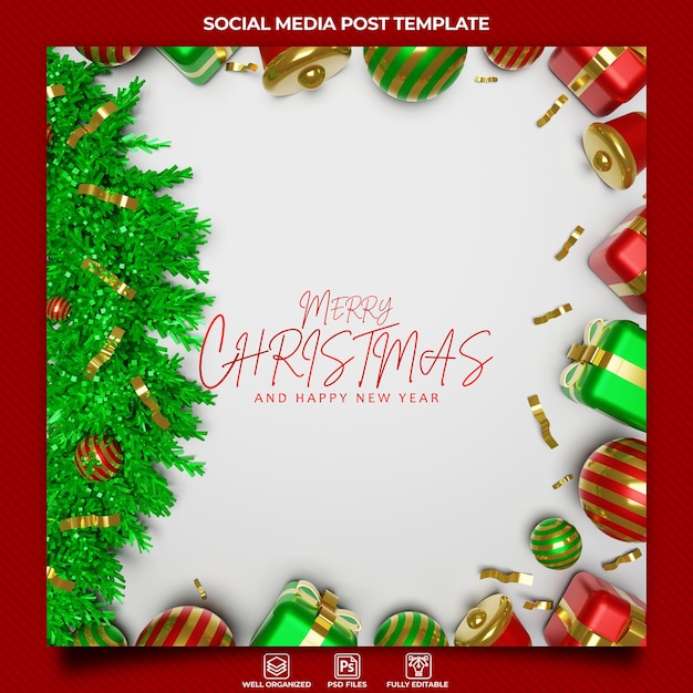 Merry christmas greeting social media post template with 3d realistic ornaments