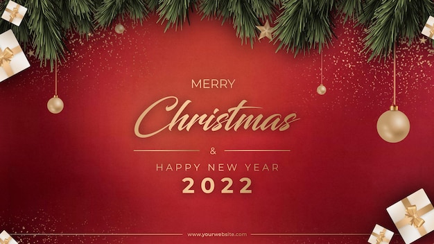 Merry Christmas and Happy New Year 2022 Sale Banner with Red Background amp Gifts