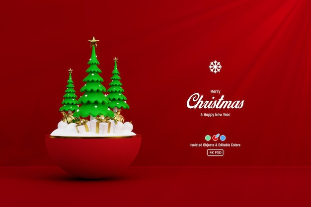 Merry Christmas and happy new year 3d background template with cute pine trees bauble balls isolated