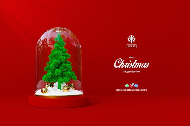 Merry Christmas and happy new year 3d background template with pine trees and bauble balls isolated