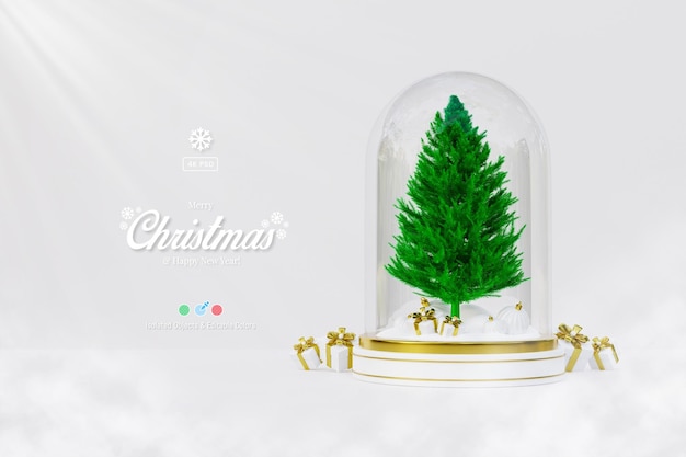 Merry Christmas and happy new year 3d background template with pine trees and bauble balls isolated