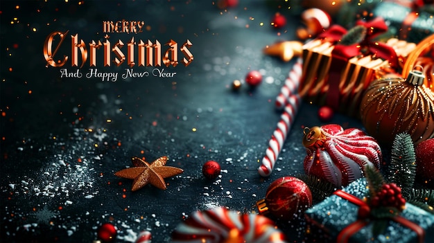 PSD merry christmas and happy new year background banner template with christmas decoreted elements