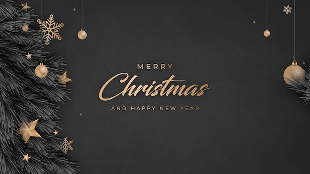 Merry Christmas and Happy new Year Banner with Dark Background amp Tree with Snowflakes