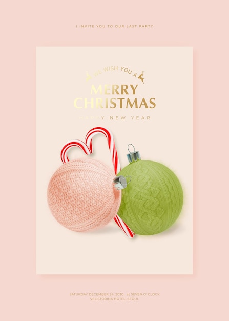 Merry christmas and happy new year greeting card template with 3d ornaments