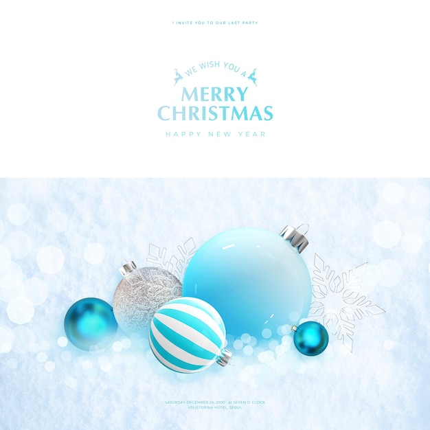 Merry christmas and happy new year greeting card template with 3d ornaments