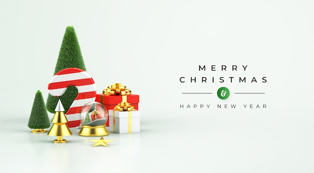 Merry Christmas and Happy New Year mockup with 3d Christmas decoration