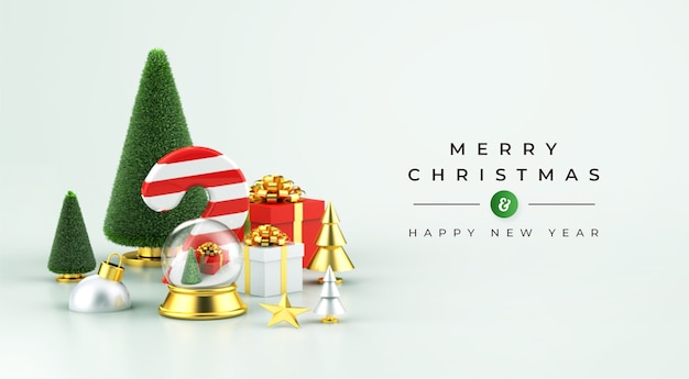 Merry Christmas and Happy New Year mockup with 3d Christmas decoration