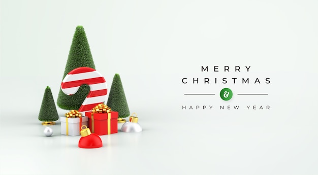 Merry Christmas and Happy New Year mockup with 3d Christmas decoration