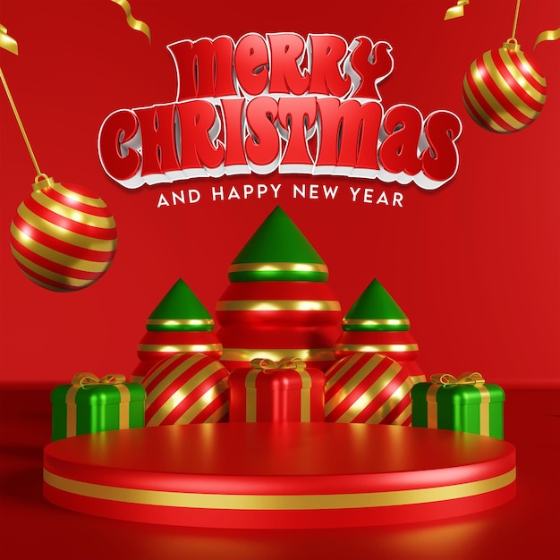 Merry christmas and happy new year social media post with 3d ornaments