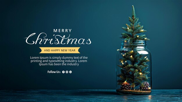 PSD merry christmas and happy new year wallpaper with christmas tree in glass jar decoration