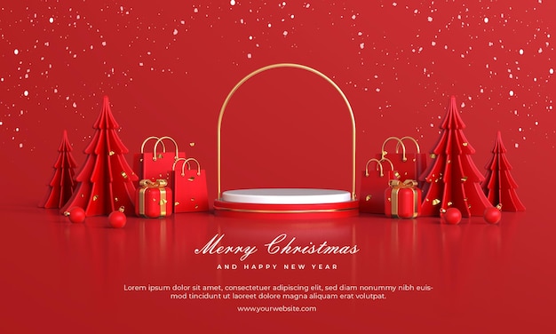 Merry christmas and happy new year with 3d empty podium and christmas ornaments