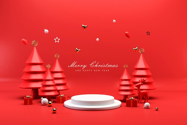 Merry christmas and happy new year with 3d empty podium and christmas ornaments