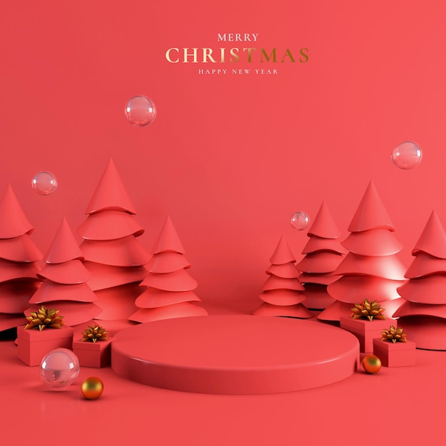 Merry christmas and happy new year with 3d empty podium and christmas ornaments