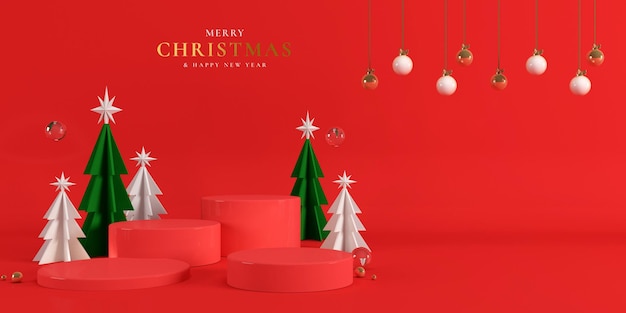 Merry christmas and happy new year with 3d empty podium and christmas ornaments