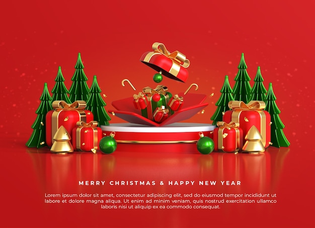 Merry christmas and happy new year with 3d open gift box on podium and christmas ornaments