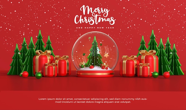 Merry christmas and happy new year with 3d snowball and christmas ornaments