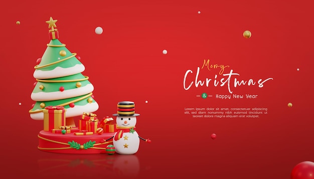 Merry christmas and happy new year with 3d snowman and christmas ornaments