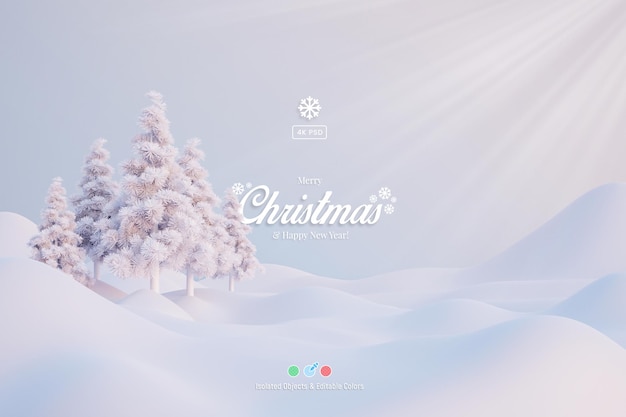 Merry Christmas and new year 3d background template with pine trees on winter landscape isolated